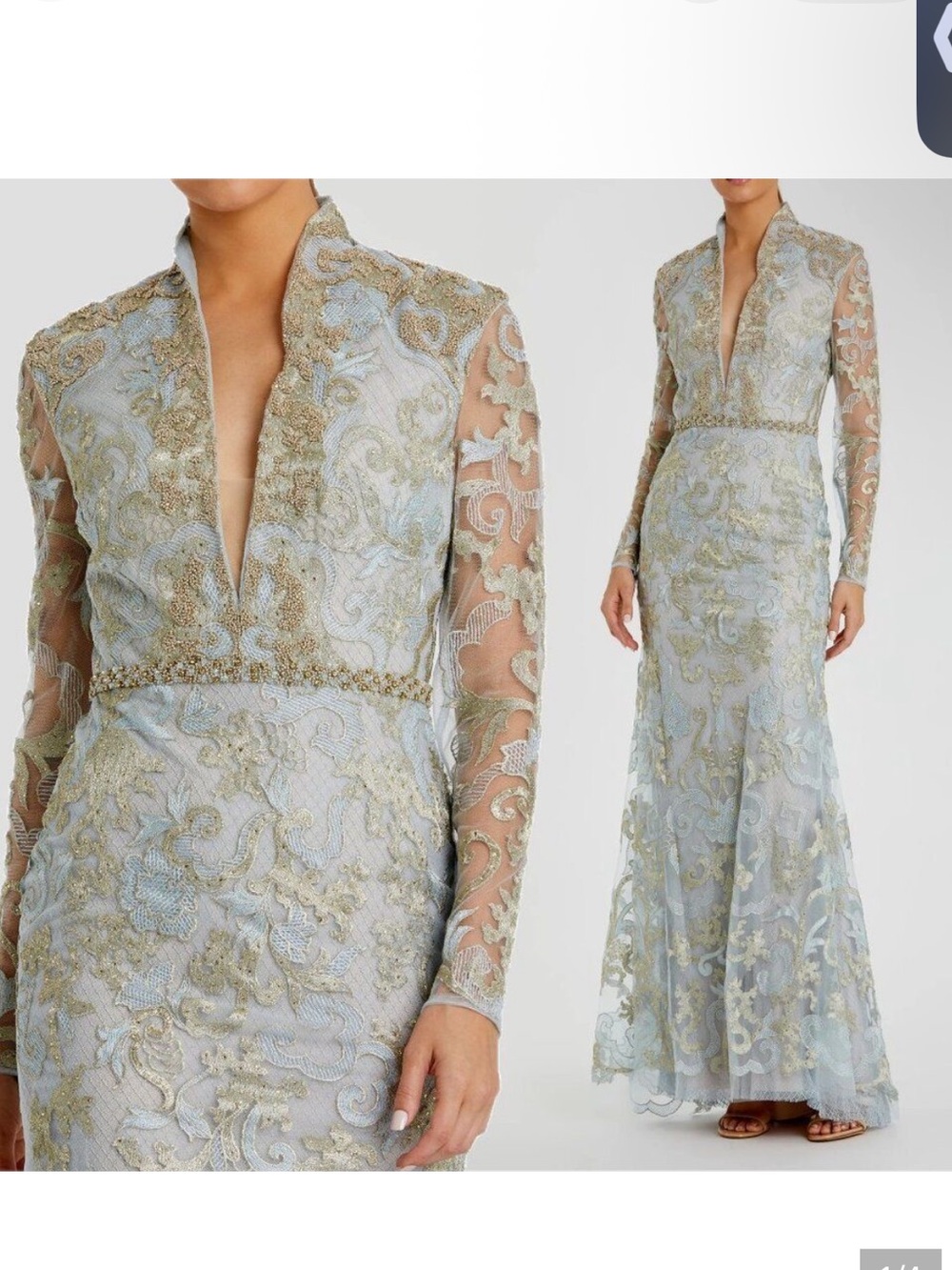 NWT Mac Duggal Blue Queen Anne Lace 11165 Long Sleeve V-Neck Trumpet Gown 10